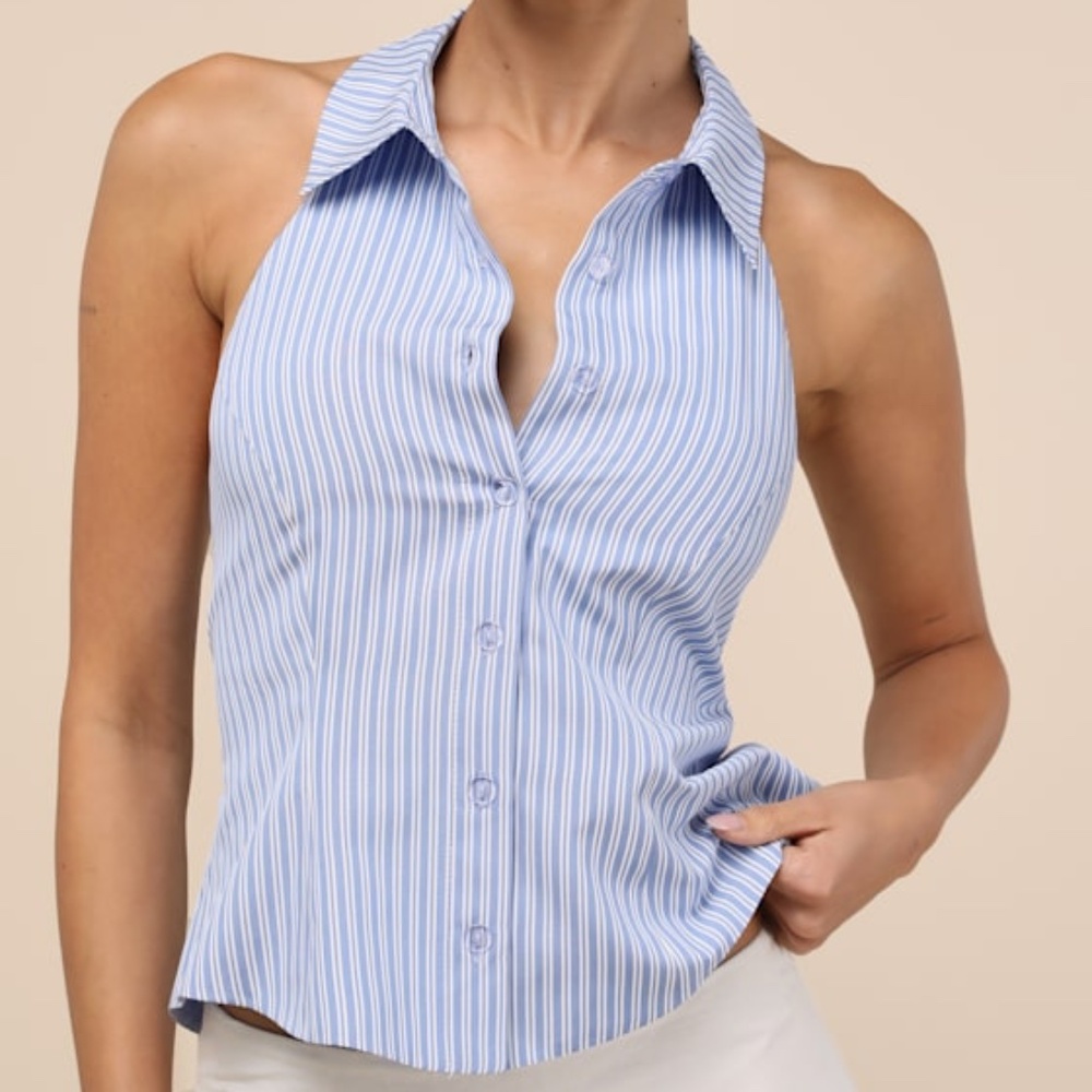 Lulus Giosetta Blue Pinstriped Button-front Halter Top - Size L